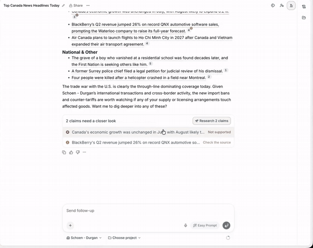 Fig. 4 - Streaming citation validation flagging weak claims in real time.