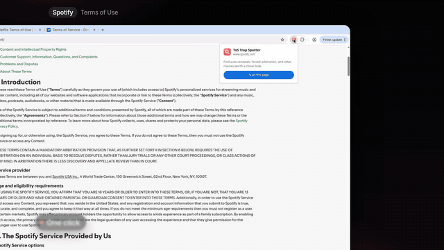 Fig. 1 - ToS Trap Spotter evaluating paragraphs in real time as the user scrolls.