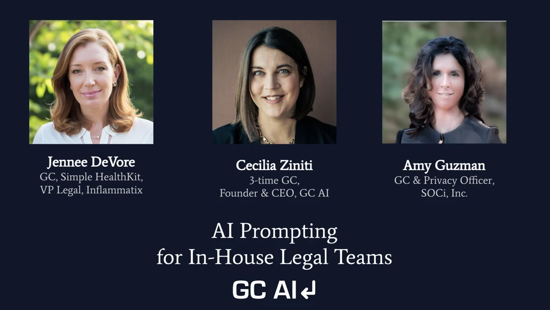 Event slide: Jennee DeVore, Cecilia Ziniti and Amy Guzman, AI Prompting for In-House Legal Teams
